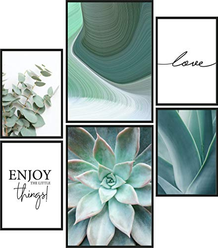 Papierschmiede® Mood Poster Set Green Love, Bilder Wohnzimmer Deko Schlafzimmer, 2x DIN A2 und 4x DIN A3, Eukalyptus Agave Aloe Vera Grün - ohne Rahmen