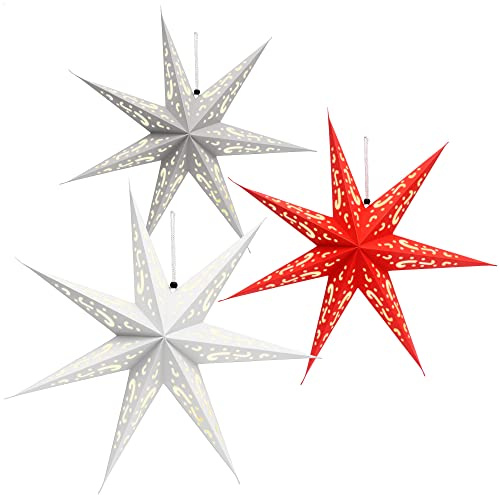 com-four® 3 Estrellas Luminosas 3D LED 45 cm – Estrella navideña con iluminación y Temporizador – Estrella de Papel Premium para Colgar (Rojo/Plata/Blanco - Diseño 1)