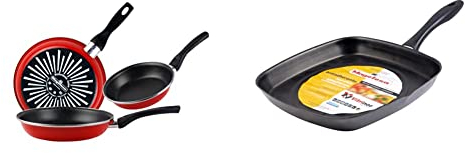 Magefesa Grana Juego de 3 sartenes cm de acero vitrificado exterior color rojo + Glass Asador cuadrado alto 28cm de acero vitrificado exterior negro cristal. Antiadherente bicapa reforzado