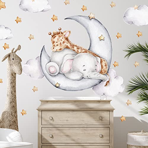 WANDKIND Elefant und Giraffe auf dem Mond Kinderzimmer Wandtattoo V325 | handgezeichnet | AUFKLEBER Kindergarten | Wandsticker Deko mit Sterne (40 x 40 cm)