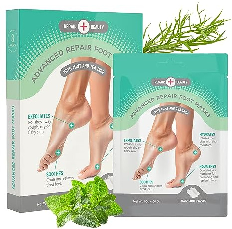 Repair Beauty Mint and Tea Tree Foot Masks Moisturizing Socks - Moisturizes Dry & Cracked Heel, Soothes Tired Feet, Exfoliating Foot Masks - Cruelty Free Korean Skin Care for All Skin Types - 3 Pairs