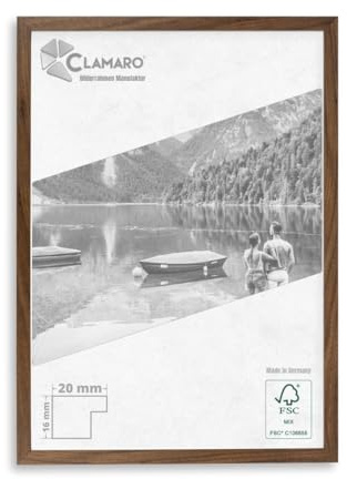 CLAMARO Collage 20 - Marco de fotos de madera de densidad media (50 x 75 cm, hecho a mano, nogal, 20 mm de ancho, incluye cristal acrílico, parte trasera y colgador)