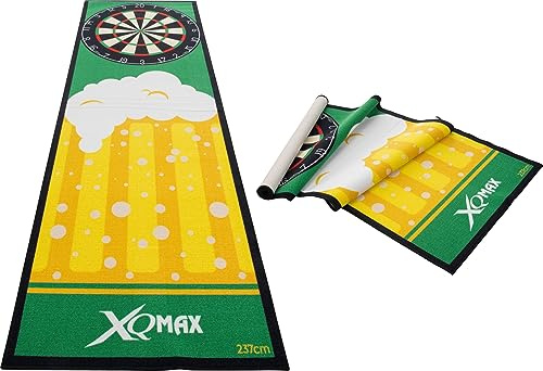 Tapis de fléchettes XQ Max Vert avec Motif bière et Logo XQ Max. Dimensions : 80 x 237 cm, matériau : 100% Polyamide avec Dos en gelfoam, emballé dans Une boîte Marron Robuste.