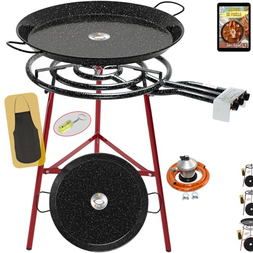 COMBOI Paellero gas butano 60 cm, Kit Quemador paelleras esmaltadas de 70 cm + 42 cm, Regulador de gas, Manguera, Soporte Patas reforzadas, nivel, delantal, Libro de Recetas digital