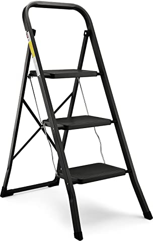 HBTower Trittleiter 3 Stufen klappbar, Faltbare Leiter aus Stahllegierung, rutschfeste Pedale, nur 4,5 cm dünn gefaltet, 150 kg belastbar, kein Aufbau nötig – für Küche, Garage & Büro