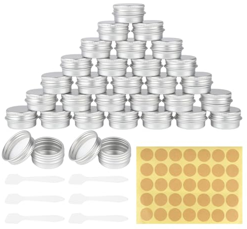 RVLZKCPG Pots en Aluminium, 30 Pièces Contenant Cosmetique Vide, 5ml Pot Vide Cosmétiques avec D'autocollant Rond et à Crème pour Baume à Lèvres, Cosmétiques, Crèmes, échantillons (Argent)