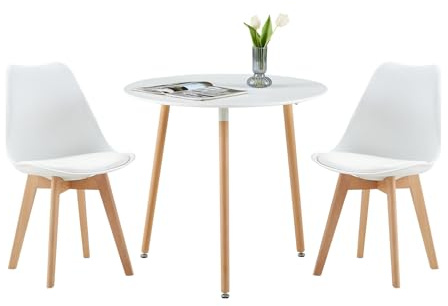 FURNITABLE Esszimmergruppe 3-teilig Essgruppe, Runder Esstisch mit 2 Stühlen, Holztisch Esszimmer-Set für Balkon, Küche, Wohnzimmer (Weiß Tisch + 2 Weiß Stühle)