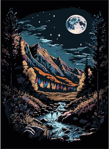 Blick auf den Wald bei Nacht Malen nach Zahlen Erwachsene mit Rahmen Malen Nach Zahlen Kits DIY Ölgemälde Leinwand Gemälde Set mit Pinsels und Farbe Acryl Malerei Geschenk für Home Deko,40x50cm