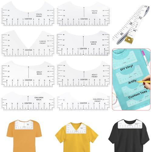 Baxcdyswe 8 Pezzi Guida Righello per T-Shirt Righello Strumenti, Squadre per Sarti, PVC Strumento di Centraggio con 1 Rotolo Righello per Cucito, Strumenti di Allineamento Centratura Della Maglietta