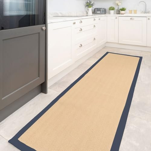 Natural Herringbone Navy Cotton Border Jute Runner Rug Soft Woven Non Slip Flatweave Mat Sisal Sustainable Living Room Entrance Hallway Kitchen Carpet Rugs 70cm x 240cm