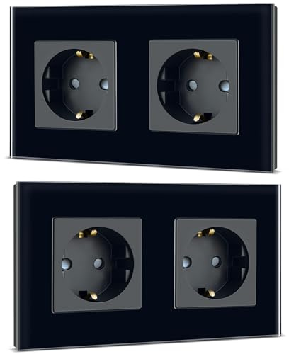 TAWOIA Schuko Steckdose, EU-Standard 2 Fach Glas Unterputz Steckdose 16Amp 250 V, Wandsteckdose mit Kristallglasplatte Schwarz 86×157mm 2er-Pack
