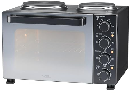 Cooks Professional Mini Portable Oven with Hobs | Energy Efficient Electric Countertop Cooker with Two Hot Plate Hobs & Wire Rack Baking Tray | Kitchen Grill Ovens | 28L Capacity | Black Contemporary