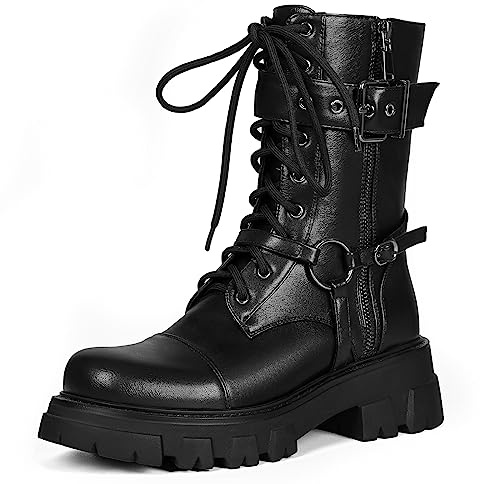 Voviggiw Women Platform Motorcycle Boots Lace Up Buckle Leather Combat Booties Side Zipper Black Size 38