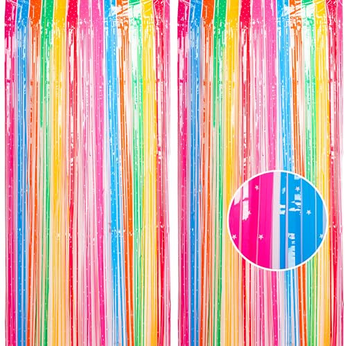 2pcs 3.2 x 8.3ft Glitter Rainbow Tinsel Curtain Streamers Door Fringe Foil Curtain Backdrop Birthday Party Decorations for Boys Girls Baby Shower Preschool Kids Party Decorations Banner