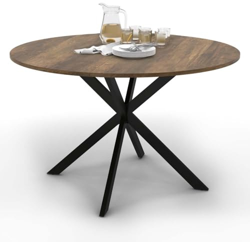 IDMarket - Table à Manger Ronde Alix 6 Personnes Pied araignée Noir et Plateau Bois foncé Hawkins 110 cm