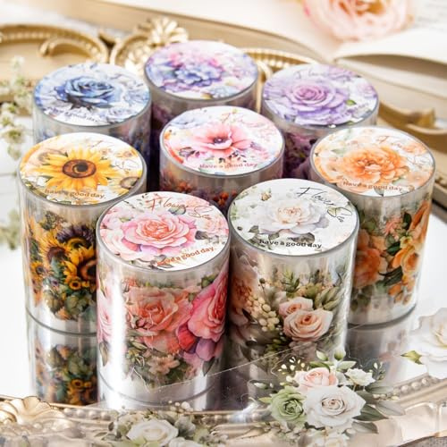 Ningmo Scrapbook-klistermärken, 8 rullar blommiga klistermärken, genomskinliga PET, rosor, hortensior, solrosor, tusenskönor, lavendel, tulpaner, vattentät, hållbar, idealisk för scrapbooking