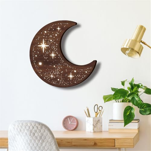 Wooden Moon Wall Art Decor, Boho Wooden Moon Phase Stars LED Lamp Wall Hanging Decor Sign, Wood Carving LED Night Light Wall Sculptures, 3D Home Wall Art Decoration for Kids Bedroom Living Room (A) | Boho Moon Stars LED Lamp Wall Hanging Decor Sign, 3D Wooden Carving Wall Art Decoration for Home Bedroom Living Room, Gift