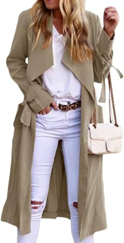 Yancremio Eleganter Trenchcoat für Damen Klassischer modischer lässiger taillierter Trenchcoat Leichte lockere Lange Businessjacke für Frühling und Herbst (Khaki,L)