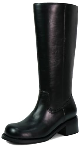VBDB Tall Black Boots for Women Knee High Wide Calf Squate Toe Campus Boots Chunky Heel Long Riding Shoes for Women Size 8