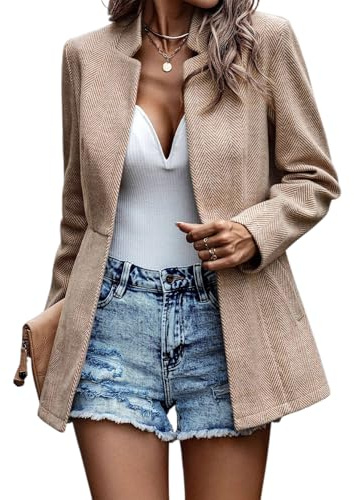FM2018XSL Giacca da Ufficio a Maniche Lunghe da Donna Casual Blazer da Donna con Tasche Elegante Cappotto con Colletto Ritagliato(M=Taglia L,Cachi)