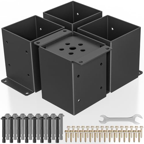 PGGP 4 PCS Metal 6×6 Post Base, Inner Size 5.6x5.6 Heavy Duty Post Bracket with Anti-Corrosive Partition, Powder-Coated Post Anchor for Pavilion Deck Railing Support Deck Base Plate