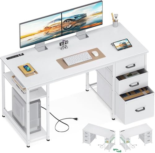 Coleshome 130cm Office Desk with 3 Drawers, Computer Desk with Shelves, PC Table with Storage & Power Outlet, Reversible Study Table for Office and Bedroom, White