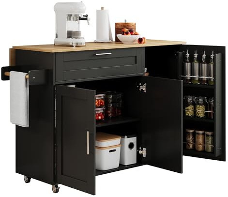 DRIXNO Mobiler Küchentisch, Arbeitsplatte Klappbar, Eiche Maserung, multifunktionaler Schrank, Gewürzregal, Handtuchhalter, 5 Rollen, Schwarz Geeignet für Küche/Essen/Haus