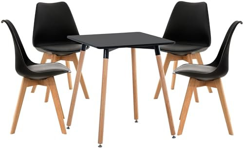 CLP Gruppo di sedute Liborg I Set di 4 sedie Linares e 1 Tavolo Viborg I Piano del Tavolo Quadrato 60 x 60 cm I Gruppo da Pranzo Moderno, Colore:Nero