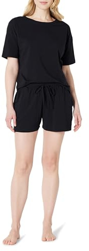 Amazon Essentials Juego de Camiseta de Manga Corta de Mezcla de Algodón Suave y Ropa de Dormir Corta Mujer, Negro, M