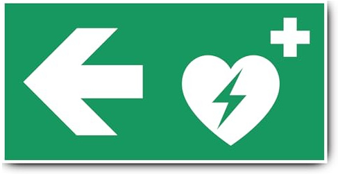 Aufkleber: 200x400 mm, 1 Stück - Automatisierter Externer Defibrillator (AED) - Kombination mit Pfeil links - Rettungszeichen - E010 - grün/weiß - DIN EN ISO 7010 / ASR A1.3