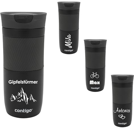 Contigo Thermobecher Byron SNAPSEAL mit Gravur - Namen Edelstahl Isolierbecher, Reisebecher, Kaffeebecher to Go, auslaufsicher, Easy-Clean-Deckel BPA-frei 470 ml (Matte Black)