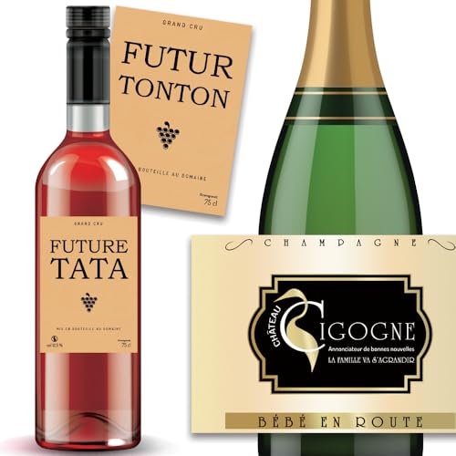 Lot de 3 Étiquettes Bouteille Annonce Grossesse : Future Tata, Futur Tonton et Bébé en Route - Idée Cadeau Originale pour Vin et Champagne - Mimi Grandit - Fabriqué en France