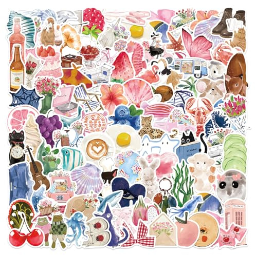 100 Stück Ästhetische Sticker Set - Sommer Watercolor Aufkleber, Vinyl Wasserdichte Sticker für Laptop, Trinkflasche, Tagebuch & Mehr -Klimaneutral zertifiziert