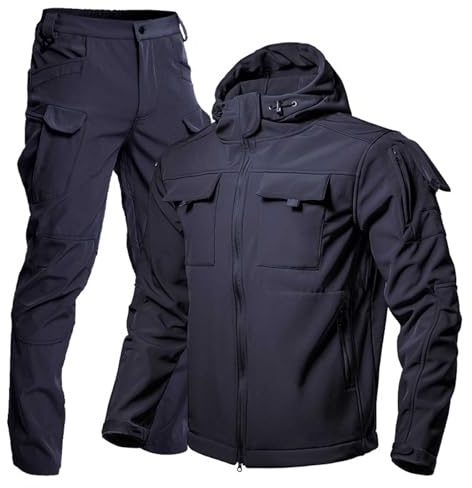 Caxndycing Tuta da jogging da uomo in tinta unita tattica, tuta mimetica militare con tasche Milti per attività all'aperto, 2 pezzi, giacca da trekking e pantaloni da trekking antivento, Blu, 3XL
