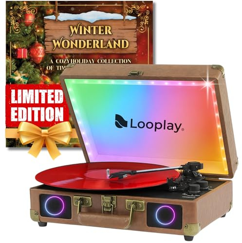 Lecteur de disque vinyle Bluetooth de qualité supérieure avec haut-parleurs et lumières LED – Tourne-disque portable en forme de valise, lecteur vinyle LP à 3 vitesses avec arrêt automatique et sortie