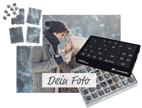 Persönlicher Puzzle Adventskalender - mit eigenem Bild als Fotopuzzle personalisierbar, 1000 Puzzleteile passend vorsortiert, jeden Tag ein passendes Puzzlesegment - Design Ebenholz
