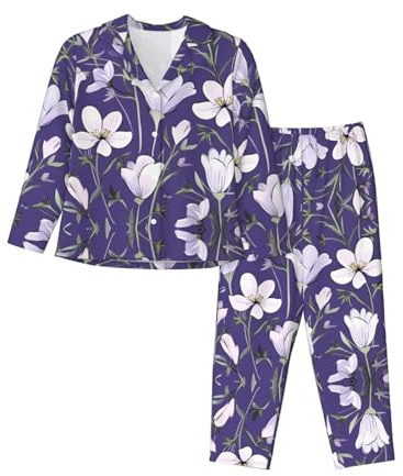 WZYCWB Rhododendron Illustration Printing Long-Sleeved Warm Pajama Set, Comfortable and Warm Loungewear for Autumn/Winter, Black, XXL