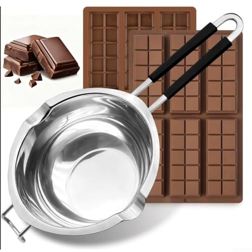 Opatiny Stainless Steel Double Boiler Pot with 1200ml Capacity and Food-Grade Silicone Molds for Chocolate, Candy, Butter, Wax, and Soap Making, Silver