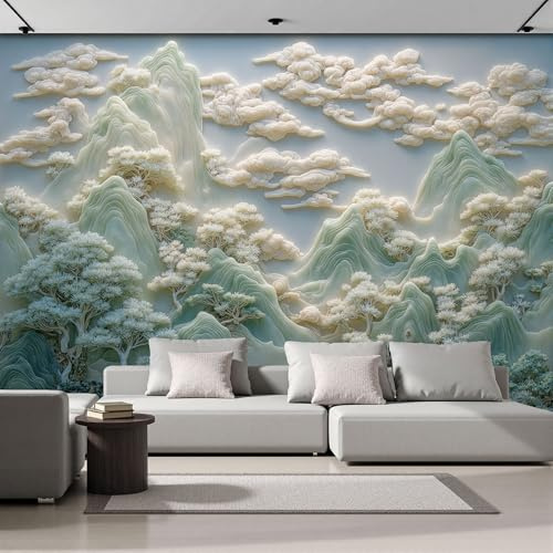 DLERFLOVR Carta da Parati Intaglio Giada, 200x140cm Fotomurali in Seta Paesaggio Montagna E Acqua XXL Poster Gigante Design Decorazione da Muro per Camera da Letto, Soggiorno, Bagno, Verde Chiaro