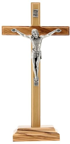 Ferrari & Arrighetti Crocifisso da Tavolo in Legno di Ulivo 32 cm | Cristo in Metallo Argentato | Base Stabile | Articolo Religioso Decorativo | Idea Regalo Battesimo Comunione Cresima