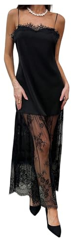 GORGLITTER Women's Romantic Sheer Lace Flowy Long Dresses Spaghetti Strap Sexy Backless Flared Resort Date Party Dress