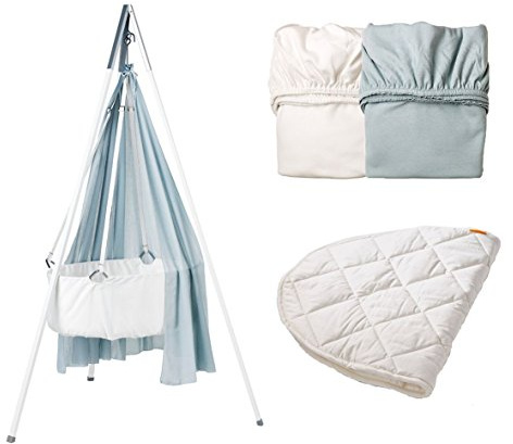 Leander Wiegen-SET - ALL INCLUSIVE: Wiege weiß mit Stativ weiß, Schleier misty blue, 2 Spannbetttücher 1x misty blue/ 1x weiß, 1 Matratzenauflage