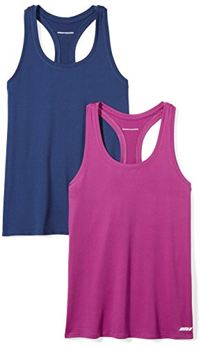 Amazon Essentials Women's Active Quick Dry Tech Stretch Racerback Scoop Neck Tank Top, Pack of 2, Fuchsia/Navy, X-Small