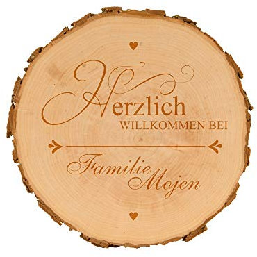 Baumscheibe Herzlich Willkommen - personalisierte Holzscheibe - Geschenkidee - Geburtstagsgeschenk - naturbelassen - Dekoration - Wanddeko (ca.15,5-18 cm)