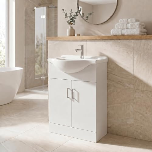 Affine® 650mm Vanity Unit Basin Sink Bathroom Storage Cabinet Cupboard Freestanding, Single Tap Hole Ceramic Wash Basins, Soft Close Door, White Gloss