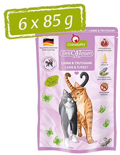 GranataPet Våtfoder Delicatessen lamm och kalkon, 6 x 85 g, för katter, kattmat för finsmakare, foder utan spannmål och utan sockertillsatser