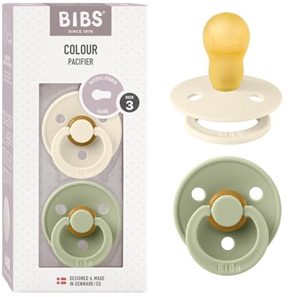 BIBS Colour Ciuccio confezione da 2 pezzi. Privo di BPA, Tettarella tonda. Lattice di gomma naturale, Misura 3 (18 + mesi), Ivory/Sage