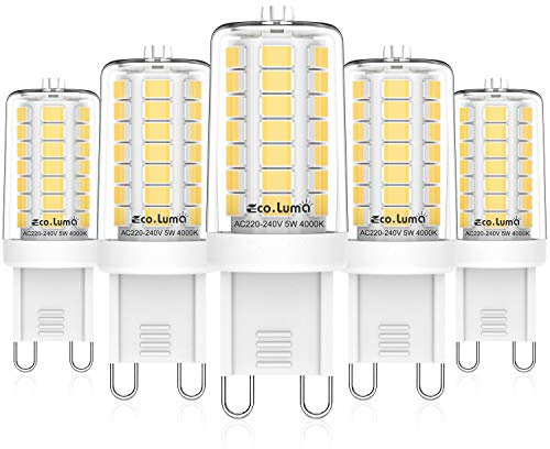 Eco.Luma Ampoules LED G9 5W Blanc Naturel 4000K, Remplacement 40W Halogènes, Pas de Scintillement Angle de Faisceau 360° LED G9, Pas Dimmable AC 220-240V, Paquet de 5
