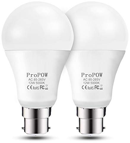ProPOW Dusk to Dawn Light Bulb, 12W Bayonet Light Sensor Bulbs Daylight White 100W Equivalent Automatic Light Bulb Outdoor Lighting for Porch, Garage, Driveway,Yard,Hallway(B22, 2-Pack)