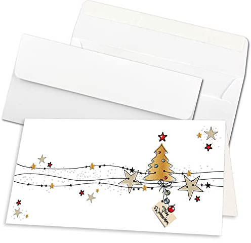 100x Weihnachtskarten-Set DIN Lang in Weiß mit Weihnachtsbaum und Sternen - Faltkarten mit passenden Umschlägen DIN Lang Hochweiß mit Haftklebung - Weihnachtsgrüße für Firmen und Privat